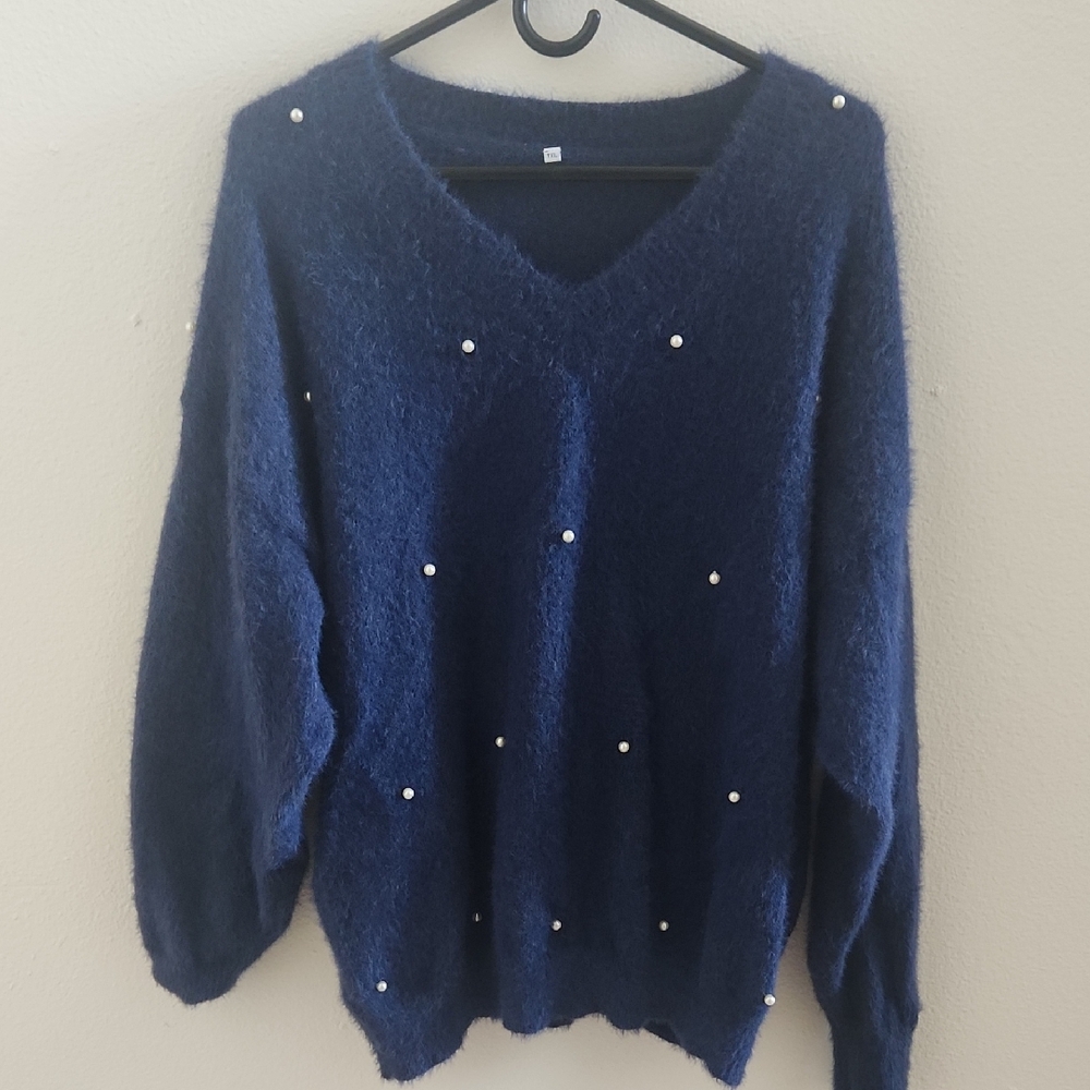 Navy Blue Women's Sweater with Pearl Accents